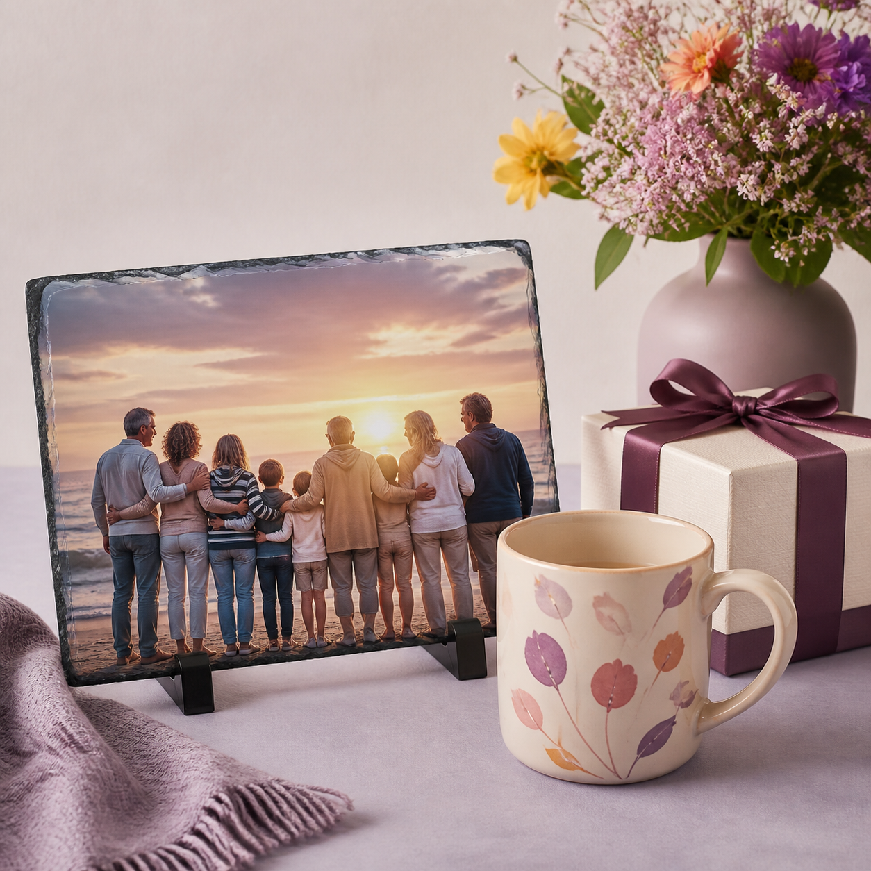 Personalized photo slate, mug and gift box
